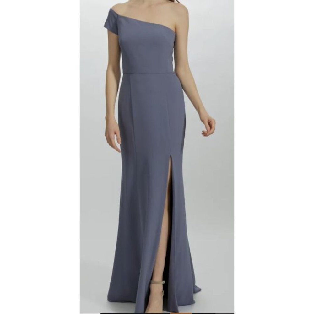 Formal Floor Length Modern One Shoulder Fitted Crepe Gown with Slit Amsale